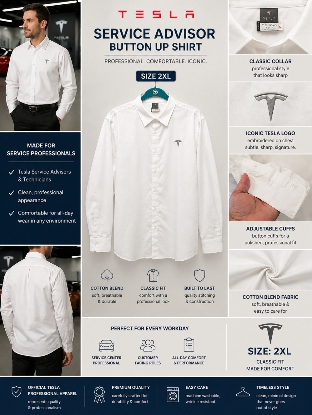 Tesla Service Advisor Button-Up Shirt White Sz 2XL Cotton Blend Logo Uniform